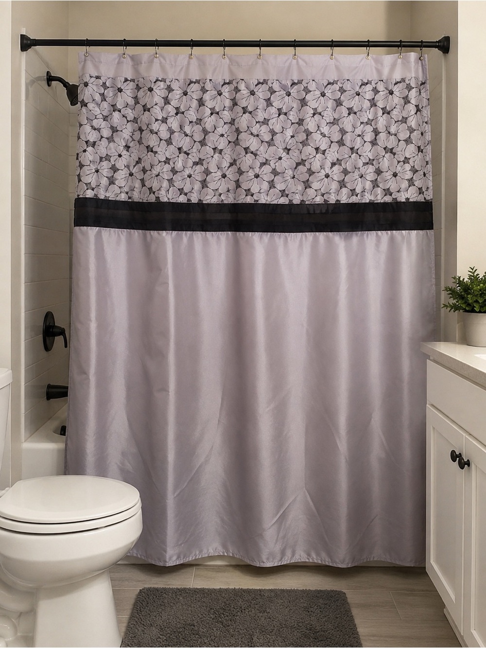 Elegant Gray Floral Shower Curtain Panel with Black Trim